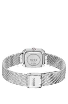 Hazel quadratische Uhr aus Edelstahl mit Mesh-Armband, Silberfarben