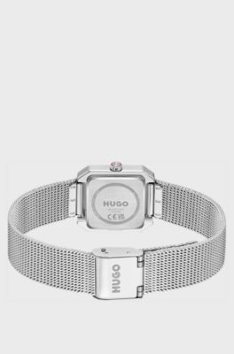 Hazel stainless-steel square watch with mesh bracelet, Silver tone