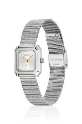 Hazel quadratische Uhr aus Edelstahl mit Mesh-Armband, Silberfarben