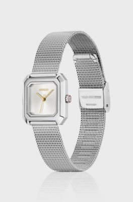 Hazel stainless-steel square watch with mesh bracelet, Silver tone