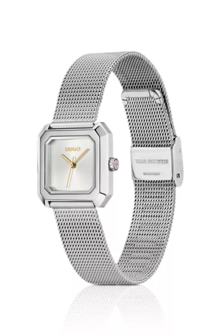 Hazel stainless-steel square watch with mesh bracelet