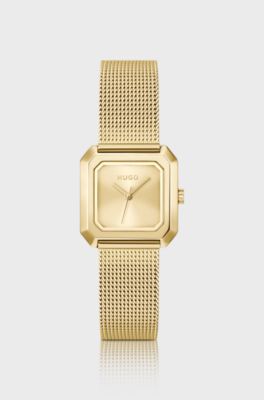 Orologio quadrato dorato con bracciale maglia mesh, Color oro