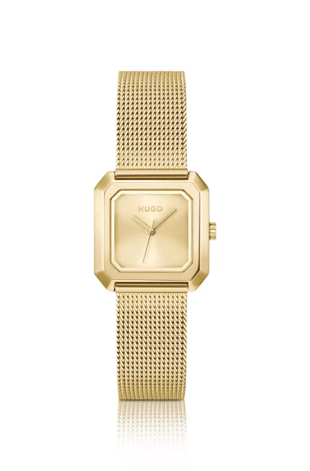Hazel gold-tone square watch with mesh bracelet