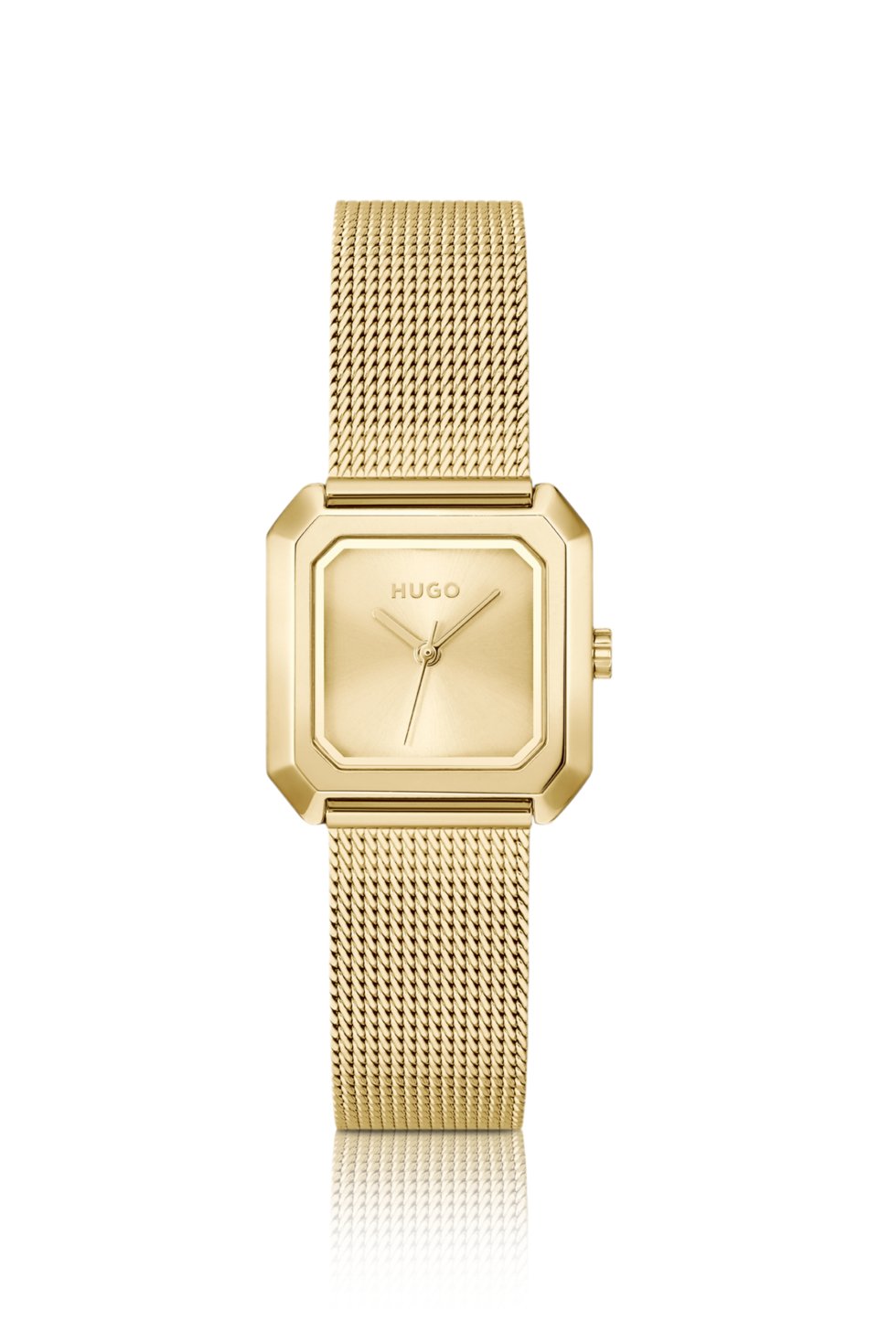 Hazel gold-tone square watch with mesh bracelet
