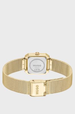 Orologio quadrato dorato con bracciale maglia mesh, Color oro