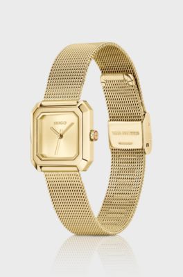 Hazel gold-tone square watch with mesh bracelet, Gold tone