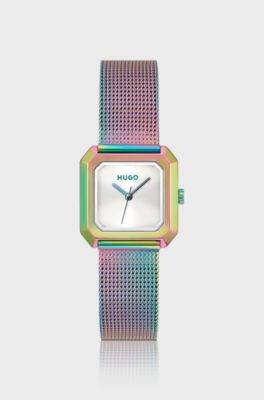Orologio quadrato iridescente color nocciola con bracciale maglia mesh, Multicolore