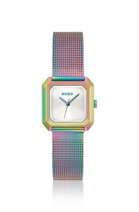 Hazel iridescent square watch with mesh bracelet, Multicoloured