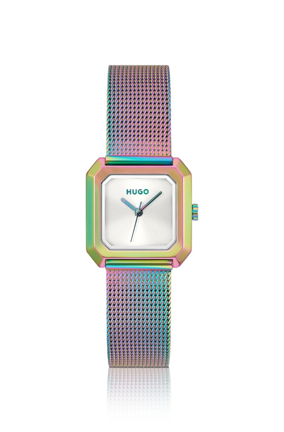 Hazel iridescent square watch with mesh bracelet