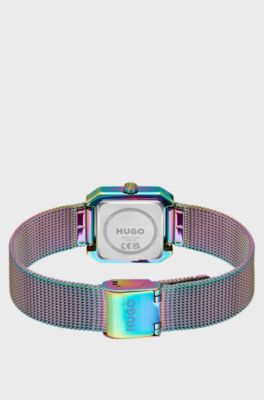 Montre carr&eacute;e iris&eacute;e Hazel avec bracelet en maille milanaise, Diff&eacute;rentes couleurs