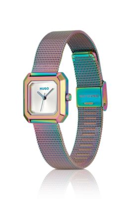 Hazel irisierende quadratische Uhr mit Mesh-Armband, mehrfarbig