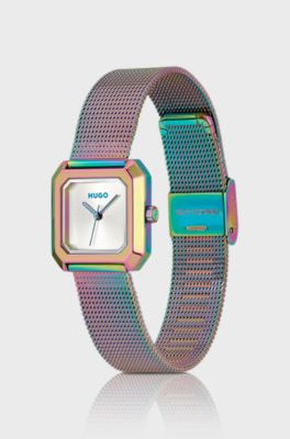Orologio quadrato iridescente color nocciola con bracciale maglia mesh, Multicolore