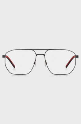 Black-steel optical frames with red inner temples, Black