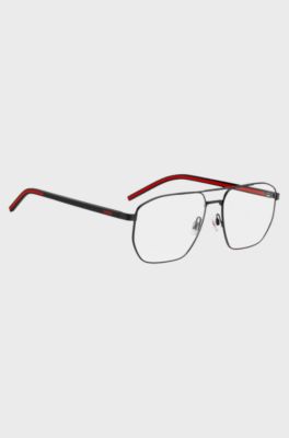Black-steel optical frames with red inner temples, Black