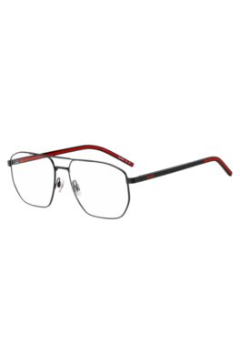Black-steel optical frames with red inner temples, Black