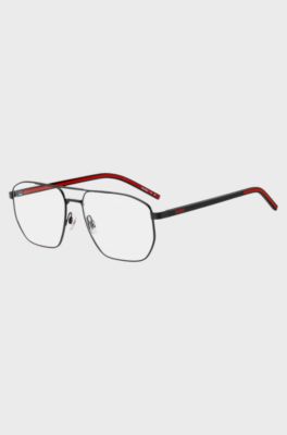 Black-steel optical frames with red inner temples, Black