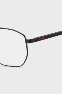 Black-steel optical frames with red inner temples, Black