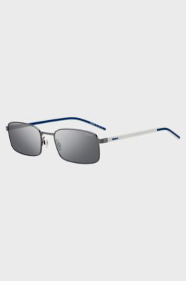Occhiali da sole con lenti specchiate e aste blu e bianche, Bianco