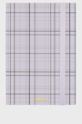 Lilac check-print A5 notebook with golden-foil logo, Purple