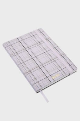 Lilac check-print A5 notebook with golden-foil logo, Purple