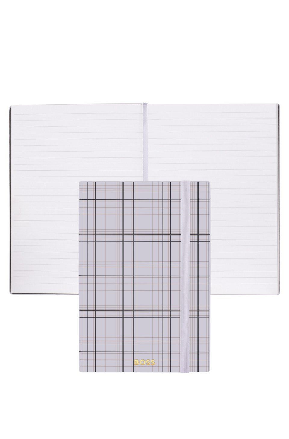 check-print A5 notebook with golden-foil logo