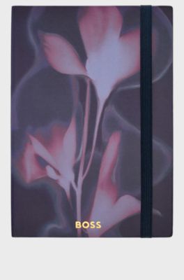 Navy floral-print A5 notebook with foil logo, Dark Purple