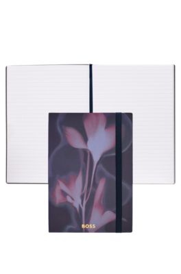 Navy floral-print A5 notebook with foil logo, Dark Purple