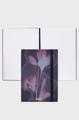 Navy floral-print A5 notebook with foil logo, Dark Purple