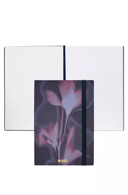Carnet A5 marine à motif fleuri avec logo imprimé en transfert