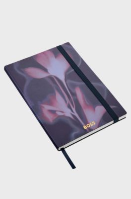Navy floral-print A5 notebook with foil logo, Dark Purple