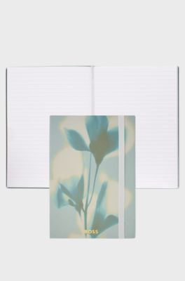 Green floral-print A5 notebook with foil logo, Light Green