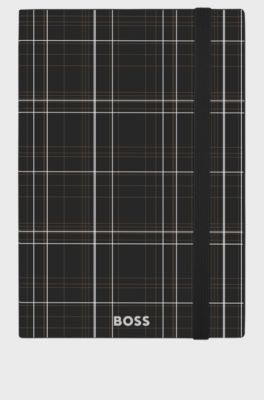 Black check-print A5 notebook with silver-foil logo, Black
