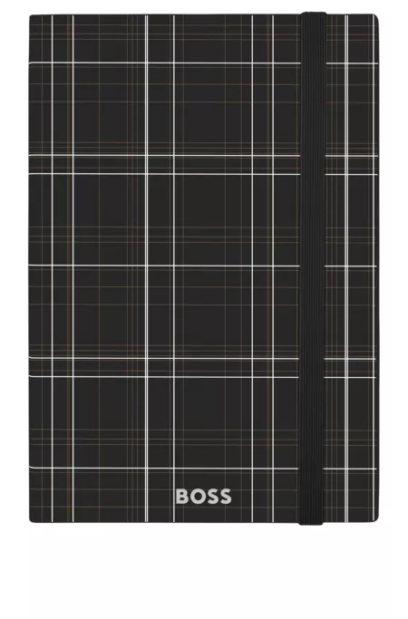 Black check-print A5 notebook with silver-foil logo