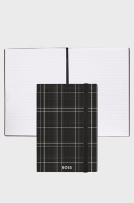 Black check-print A5 notebook with silver-foil logo, Black