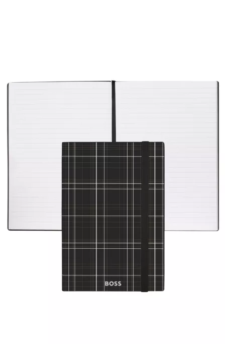 Black check-print A5 notebook with silver-foil logo