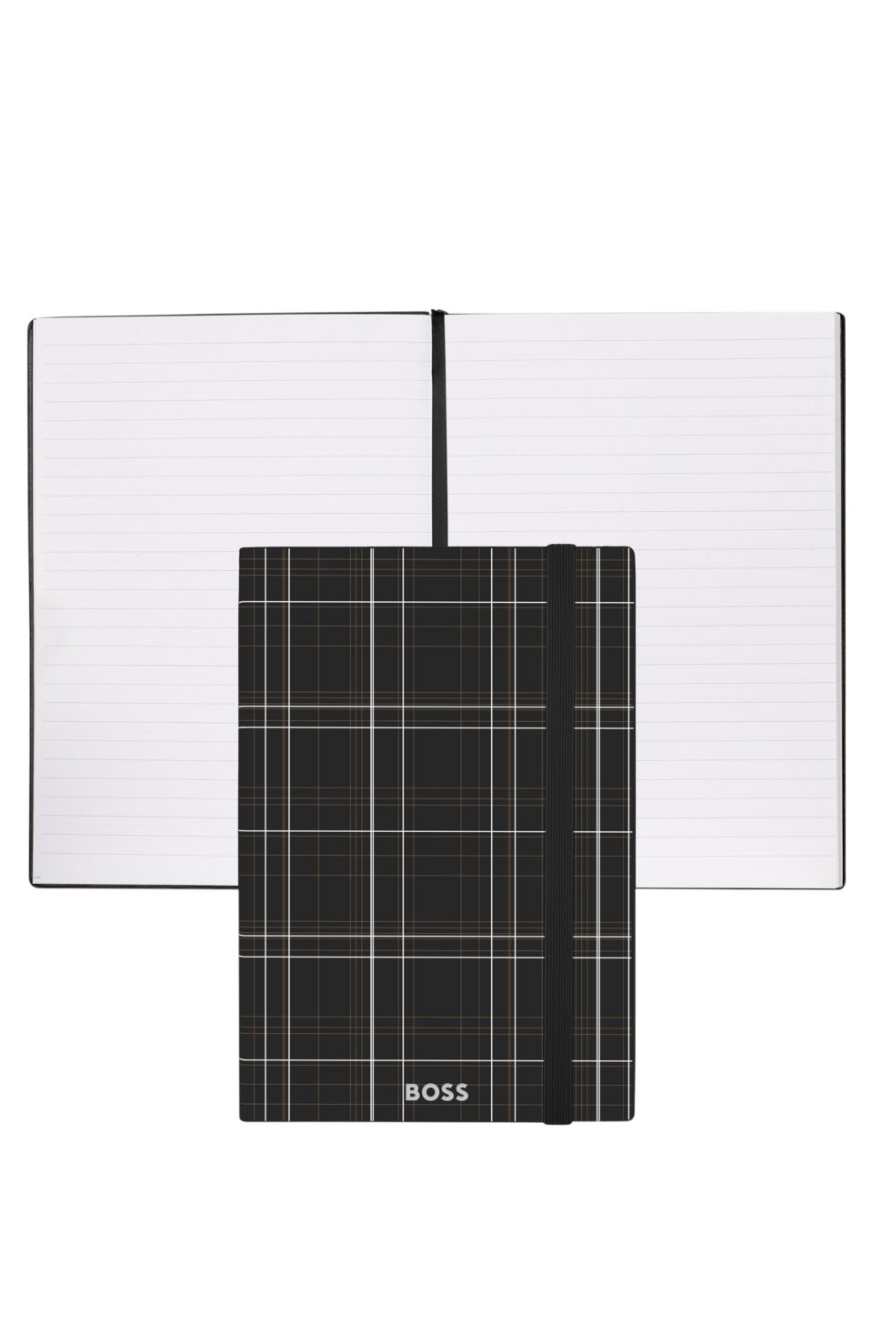 check-print A5 notebook with silver-foil logo