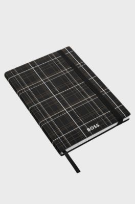 Black check-print A5 notebook with silver-foil logo, Black