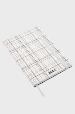White check-print A5 notebook with foil logo, White