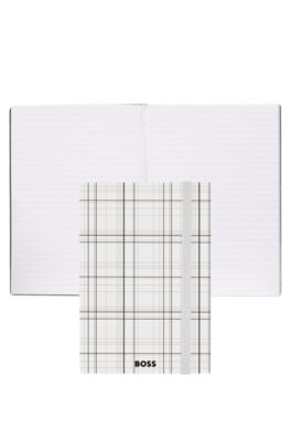 White check-print A5 notebook with foil logo, White