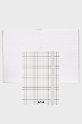 White check-print A5 notebook with foil logo, White