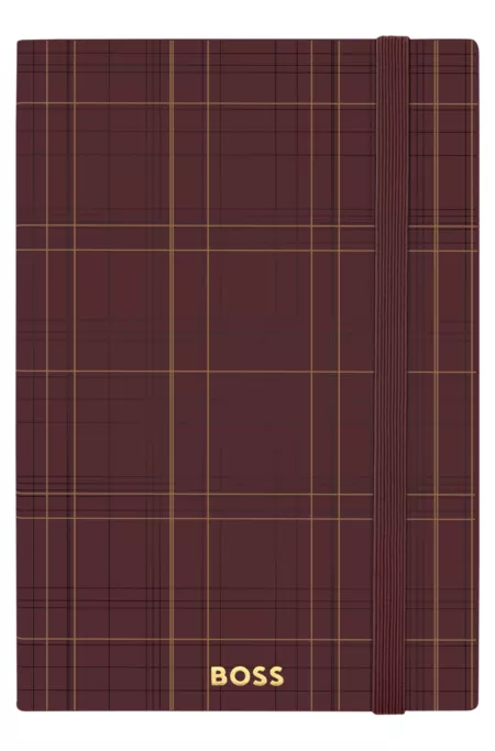 Burgundy check-print A5 notebook with gold-tone logo