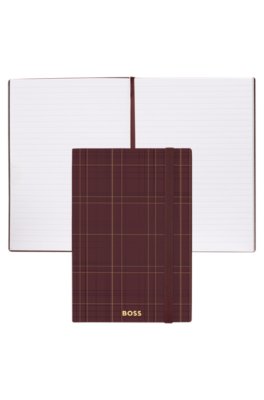 Burgundy check-print A5 notebook with gold-tone logo