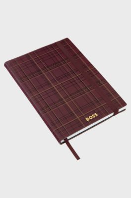 Burgundy check-print A5 notebook with gold-tone logo, Dark Red