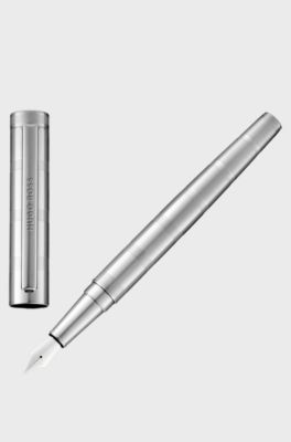 Stylo-plume en laiton chrom&eacute; &agrave; rayures horizontales, Argent
