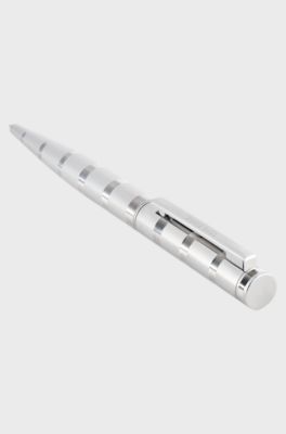 Stylo &agrave; bille en laiton chrom&eacute; &agrave; rayures horizontales, Argent