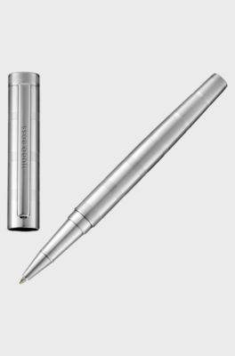 Stylo roller en laiton chrom&eacute; &agrave; rayures horizontales, Argent