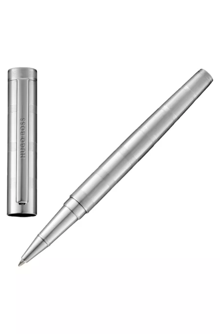 Chrome-plated brass rollerball pen with horizontal stripes