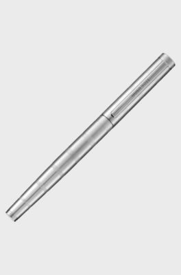 Stylo roller en laiton chrom&eacute; &agrave; rayures horizontales, Argent