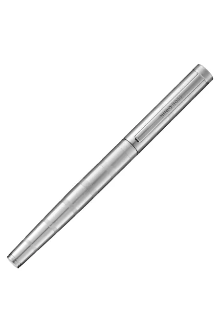 Chrome-plated brass rollerball pen with horizontal stripes
