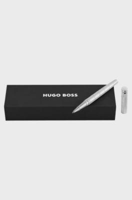 Stylo roller en laiton chrom&eacute; &agrave; rayures horizontales, Argent